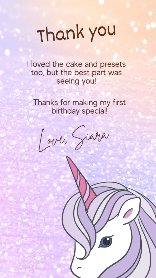 Unicorn Magic – Personalized Baby Thank You Card | First Birthday | Sparkle & Pastel Theme