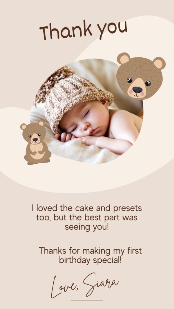 Teddy Bear Hugs – Personalized Baby Thank You Card | Neutral Beige Theme | First Birthday Printable